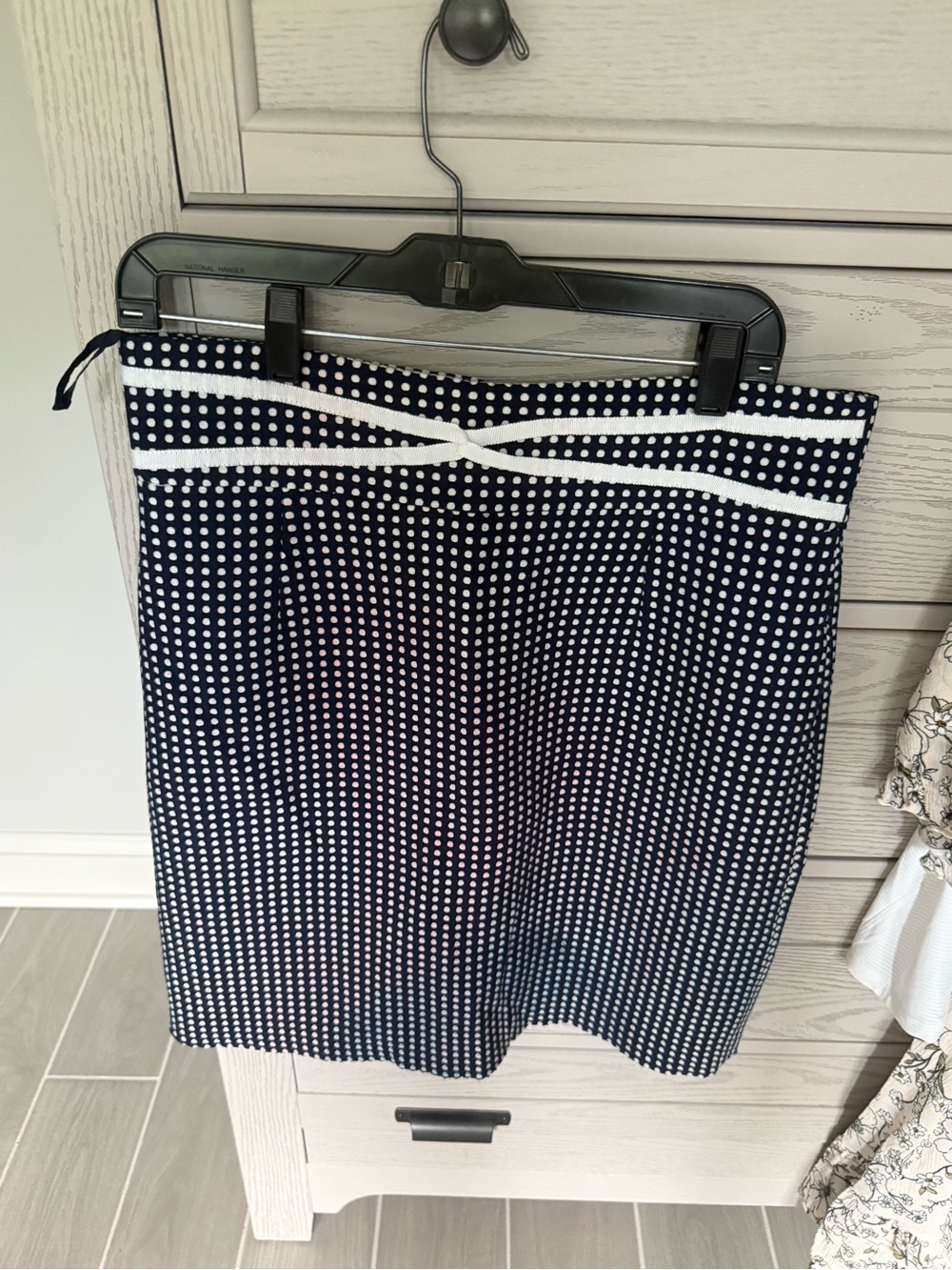 ANTONIO MELANI Navy and White Polka Dot Pencil Skirt with White Waist Trim